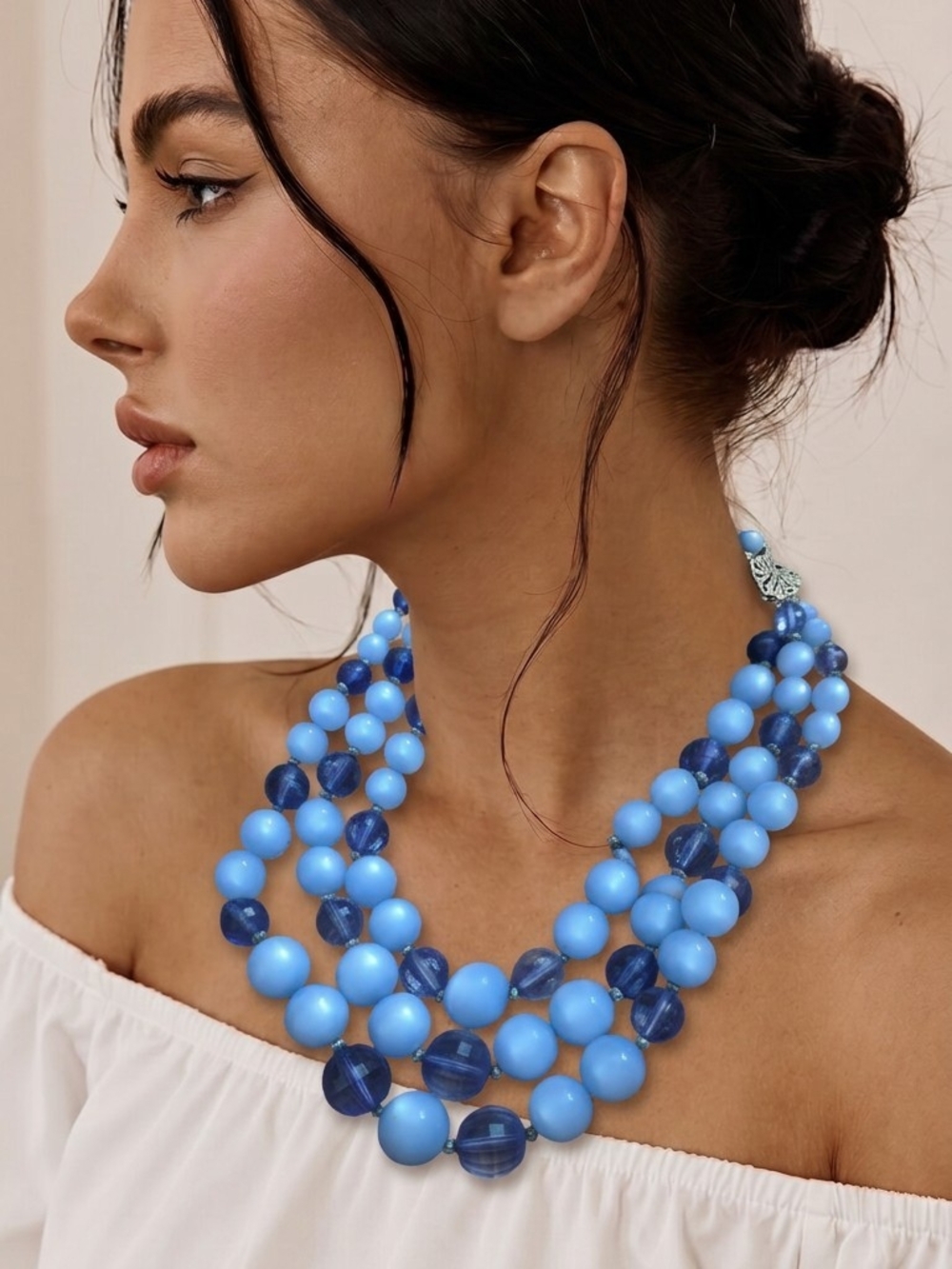 Handmade Blue Multi-Strand Statement Beaded Necklace